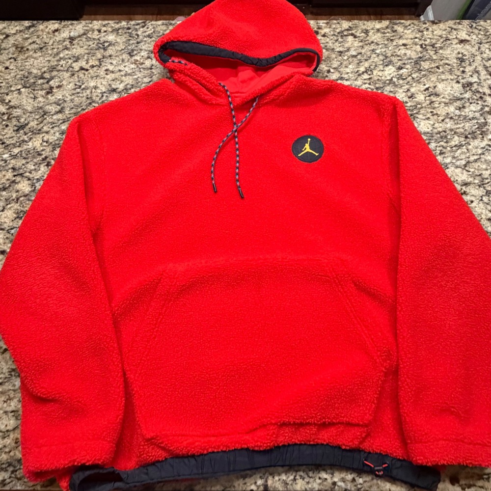 Jordan Brand Mens Sherpa Fleece Hoodie Red Black Jumpman Pullover XL ws